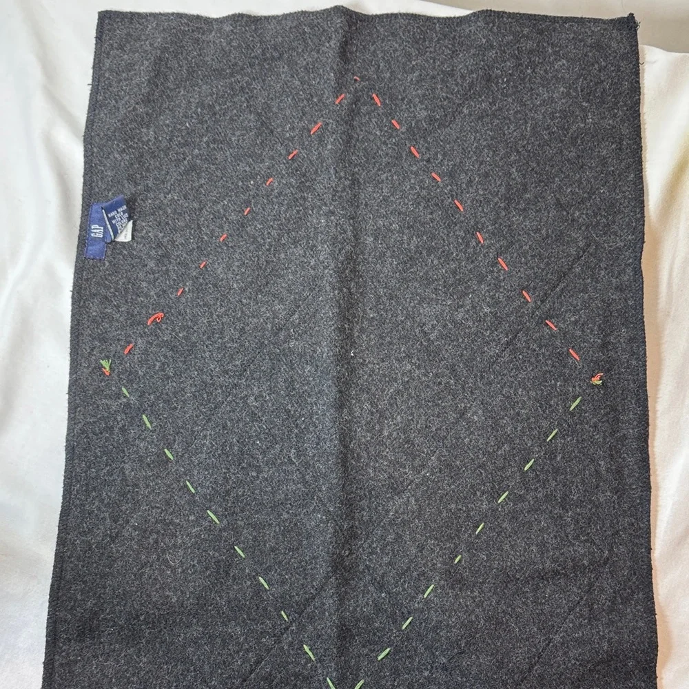 GAP Charcoal Wool Blend Scarf W/Blue & Brown Patches & Decorative Stitching